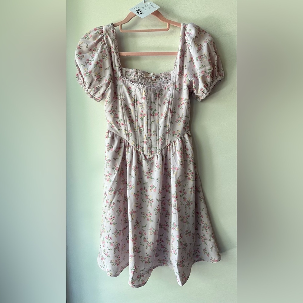 Mine, Light Pink Floral Puff Sleeve Smocked Dress, Size S | 0935 nwot